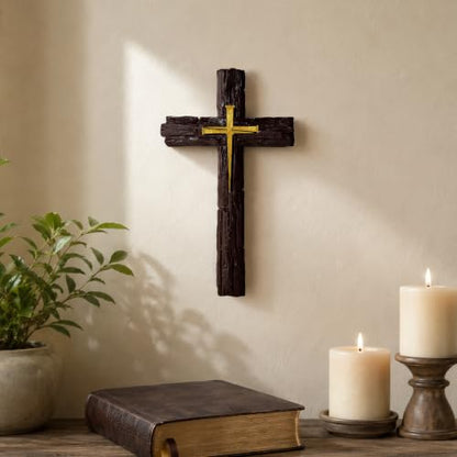 Rustic Christian Wall Cross - Resin Decor with Woodgrain Finish, 10.4 Inch