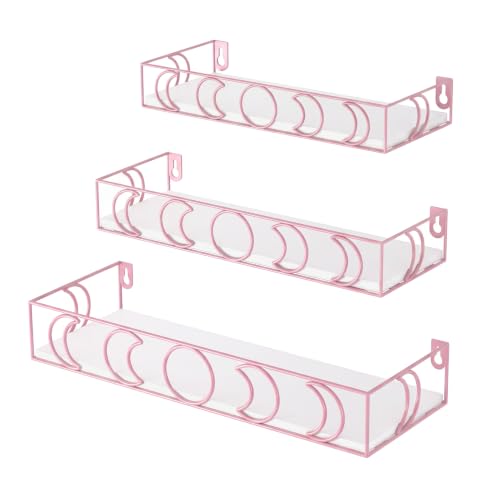Moon Phase Floating Shelves Set of 3 - White Pink Wall Storage Decor
