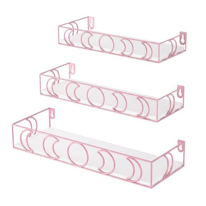 Moon Phase Floating Shelves Set of 3 - White Pink Wall Storage Decor