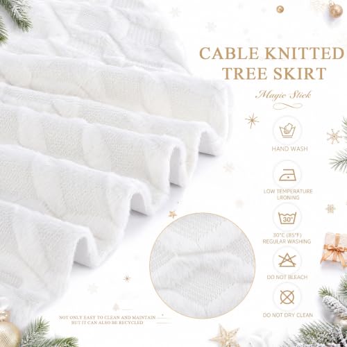 Cream Knitted Christmas Tree Skirt 24 Inch Plush Faux Fur Decor Collar
