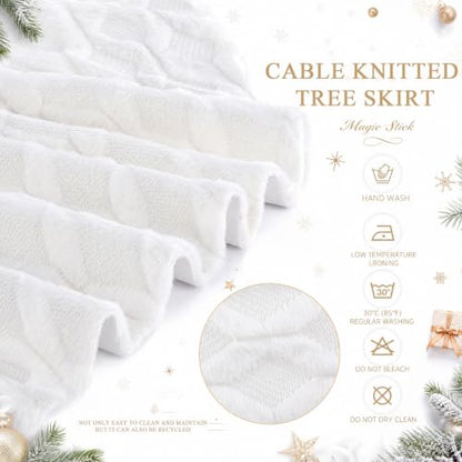 Cream Knitted Christmas Tree Skirt 24 Inch Plush Faux Fur Decor Collar