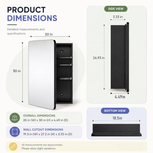 Black Medicine Cabinet with Mirror 20x30 in Recessed or Surface Mount - Black