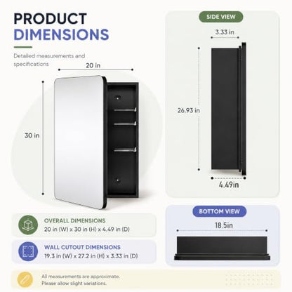 Black Medicine Cabinet with Mirror 20x30 in Recessed or Surface Mount - Black