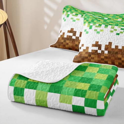 Pixelated Theme Quilt Bedding Set Full Brown Green Geometric Patchwork Kids Bedspread