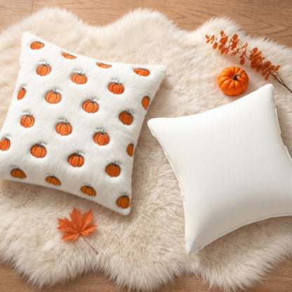Fall Pumpkin Embroidered Pillow Cover 18x18 Bright Orange & White Set of 2