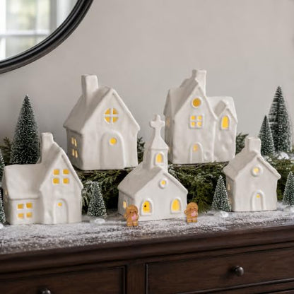 Christmas Village Set with Lighted Ceramic Houses, Trees & Figurines - Indoor Holiday Decor