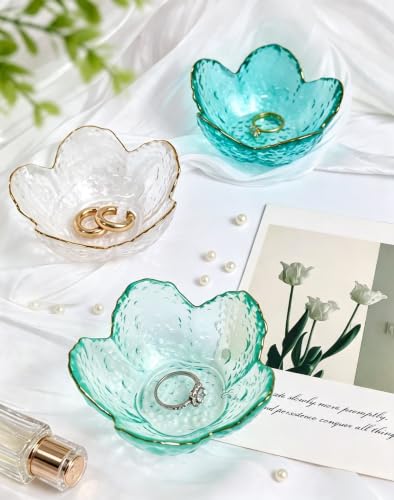 2 Pcs Flower Glass Jewelry Dish Set - Deep Pink & Deep Green Decorative Trinket Holders