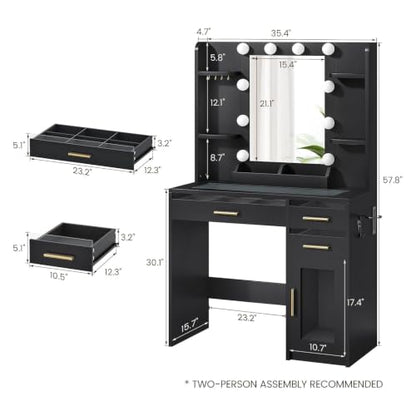 35.4 Inch Makeup Vanity Desk with Mirror, Lights & Glass Top – Black
