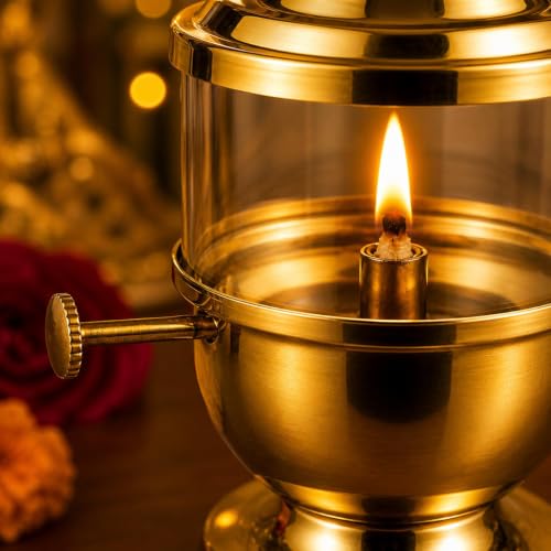Pure Brass Akhand Jyot Diya with Borosilicate Glass Cover - 96-Hour Burn Time, 450ml