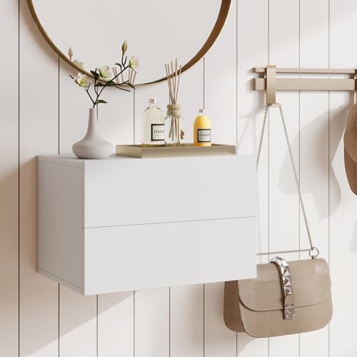 Floating Nightstand Set of 2 with Drawers, Wall Mounted - White, 16.5 x 12 x 11.5 in
