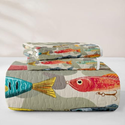 Feelyou Fishing Quilt Set for Queen Bed Sea Fishing Coverlet Bedding with Pillowcases - Moss Green & Multicolor
