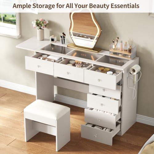 Vanity Desk with Drop Leaf Glass Top — 7-Drawer Wood Dressing Table with Charging Station, Stool, 43.3"