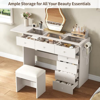 Vanity Desk with Drop Leaf Glass Top — 7-Drawer Wood Dressing Table with Charging Station, Stool, 43.3"