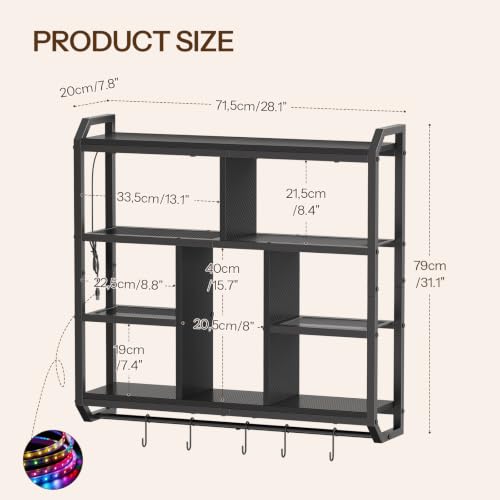 Black HOOBRO LED Floating Wall Shelf with Lights, 28.1 Inch Gaming Shelves