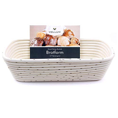 Vollum Bread Proofing Basket Banneton Baking Supplies, Handwoven Rattan Cane Bread Maker with Linen for Artisan Breads, 12.25 x 6 x 3.5 Inch, 2-Lb Rectangular Brotform Natural