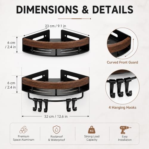 Corner Shower Shelf Walnut Wood & Stainless Steel Caddy - No-Drill Wall Mount