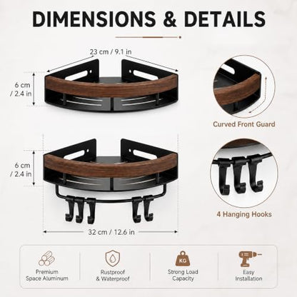 Corner Shower Shelf Walnut Wood & Stainless Steel Caddy - No-Drill Wall Mount