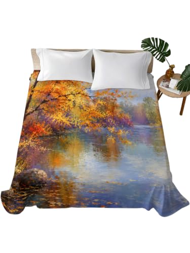 California King Flat Sheet - Lake Trees Leaves Fall Microfiber Bed Sheet - Amber, Gold, Orange, Blue