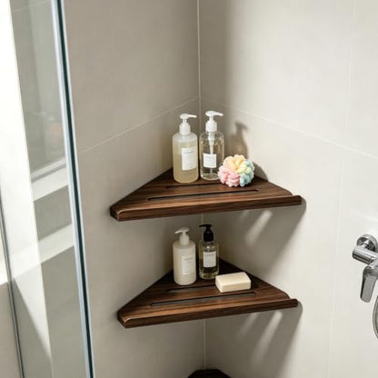 Shower Corner Shelf Set of 2 Walnut Wood Grain Triangle Stainless Steel