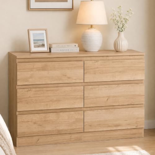 6-Drawer Dresser with Natural Oak Finish, Handle-Less Modern Bedroom Chest