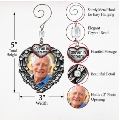 Memorial Photo Ornament Set - Silver Heart with Angel Wings, 3 Pack with Storage Bag - Personal Keepsake for Loss of Loved One