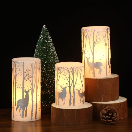 3-Birch Silver Reindeer Christmas Flameless Pillar Candles with 6H Timer