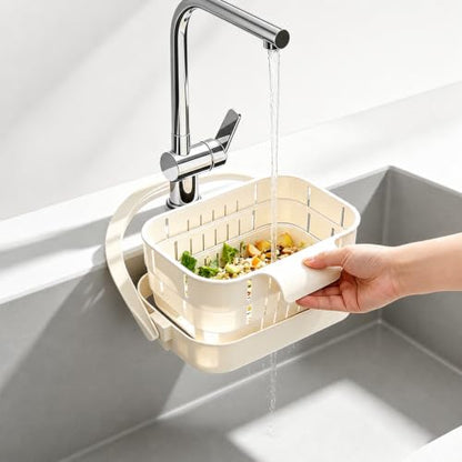 Cream White Foldable Sink Drain Basket - Expandable Kitchen Strainer with Flip Cover