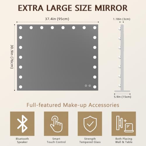 Large 37x30 Inch Hollywood Vanity Mirror with Lights - Dimmable HD Glass