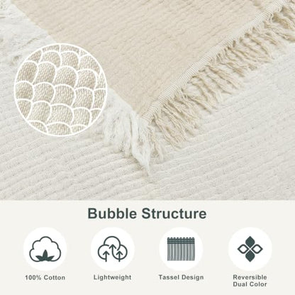 EMME 100% Cotton Muslin Blanket with Tassels - Khaki Queen 80x90 Inches
