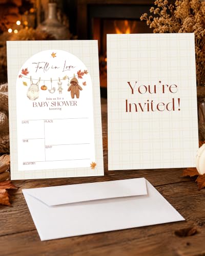 Fall Baby Shower Invitations with Envelopes - Autumn Teddy Design, 25 Pack