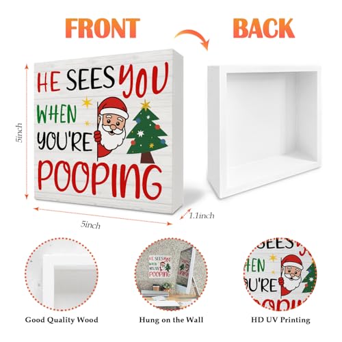 Funny Christmas Santa Bathroom Wooden Sign - Pooping 02 - Rustic Toilet Decor - 5x5 Inch