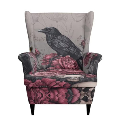 Gothic Raven Rose Wingback Armchair Cover - Stretch Slipcover for Dining Room