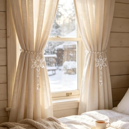 Long Snowflake Beaded Magnetic Curtain Tiebacks - Clear Crystal & Steel Wire - Style 5 (2 Pack)