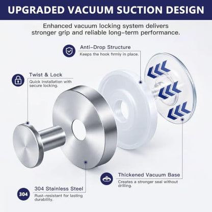 Heavy Duty Suction Cup Hooks for Shower Bathroom Removable Towel Holder Silver 2 Pack