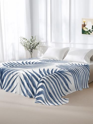 King Size Flat Sheet Navy Blue with Palm Leaves - 105x98 Microfiber Bedding