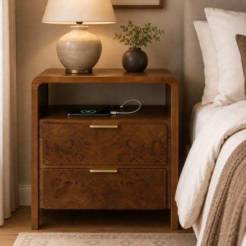 Burl Finish Nightstand with USB-C & 2 AC Outlets, 2-Drawer Bedside Table - Brown