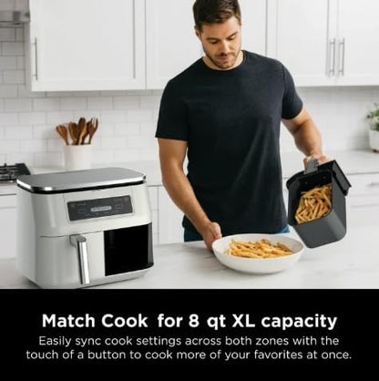 Niinjja 4 in 1 Air Fryer - 8 Qt DualZone FlexBasket | Smart Finish for Cooking 2 Foods 2 Ways - White