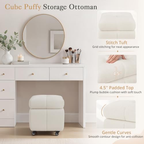LUE BONA Square Storage Ottoman with Wheels - Beige Pouf Footrest, 17.4L Chenille