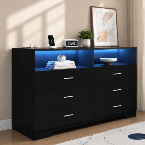Black 6-Drawer Dresser with LED Lights & Power Outlets - Wooden Bedroom Storage