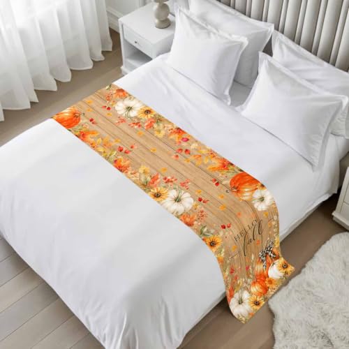 Queen Size Bed Runner with Fall Pumpkin Design - Orange & Brown, 83 x 20 Inches