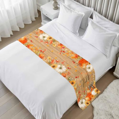 Queen Size Bed Runner with Fall Pumpkin Design - Orange & Brown, 83 x 20 Inches