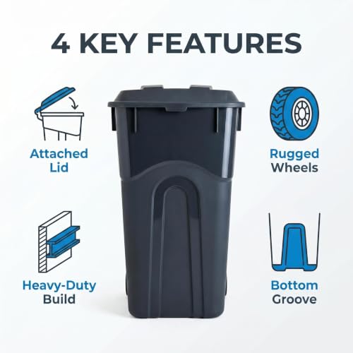 32 Gallon Heavy Duty Plastic Trash Can with Lid and Rugged Wheels - Black