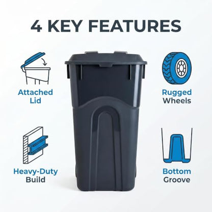 32 Gallon Heavy Duty Plastic Trash Can with Lid and Rugged Wheels - Black