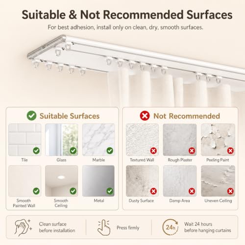 No Drill Double Curtain Track 15 Feet Peel & Stick Ceiling Mount Rail for Renter & Apartment