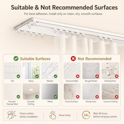 No Drill Double Curtain Track 15 Feet Peel & Stick Ceiling Mount Rail for Renter & Apartment