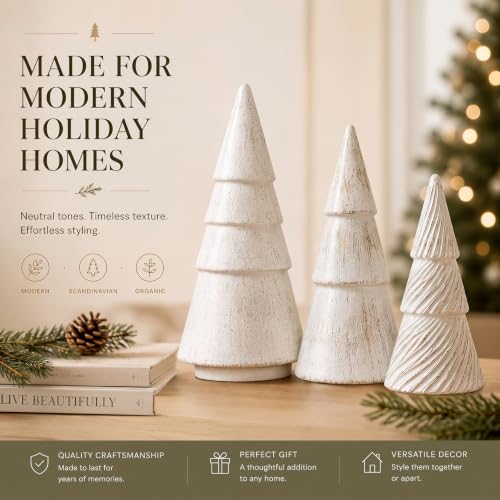 Antique White Rustic Christmas Tree Figurines Set of 3 - Holiday Decor