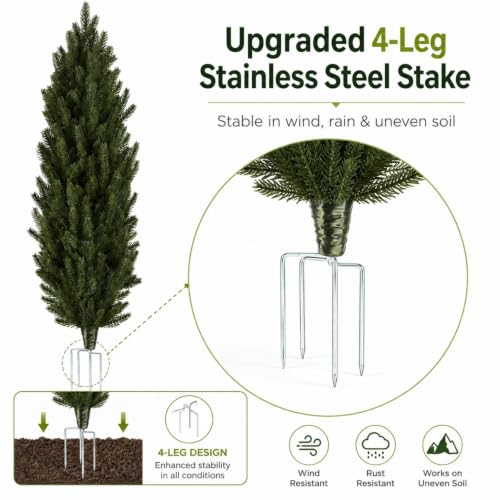 Artificial Pine Plants 35 Inch Set with Stainless Steel Stakes - Realistic Outdoor Garden Decor