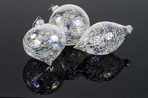 12 Assorted Iridescent Crackle Glass Christmas Ornaments Set - Tree Decorations