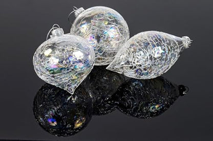 12 Assorted Iridescent Crackle Glass Christmas Ornaments Set - Tree Decorations