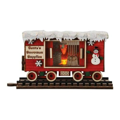 Wooden Christmas Snowman Box Car Ornament with Light - Holiday Village Decor